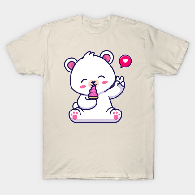 Cute Polar Bear Eating Ice Cream Cone Cartoon T-Shirt by Catalyst Labs